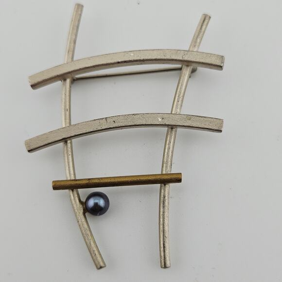 Abstract Brooch Pin Silver Tone Bars With Gold Tone Ladder Artistic Unique - Picture 2 of 4